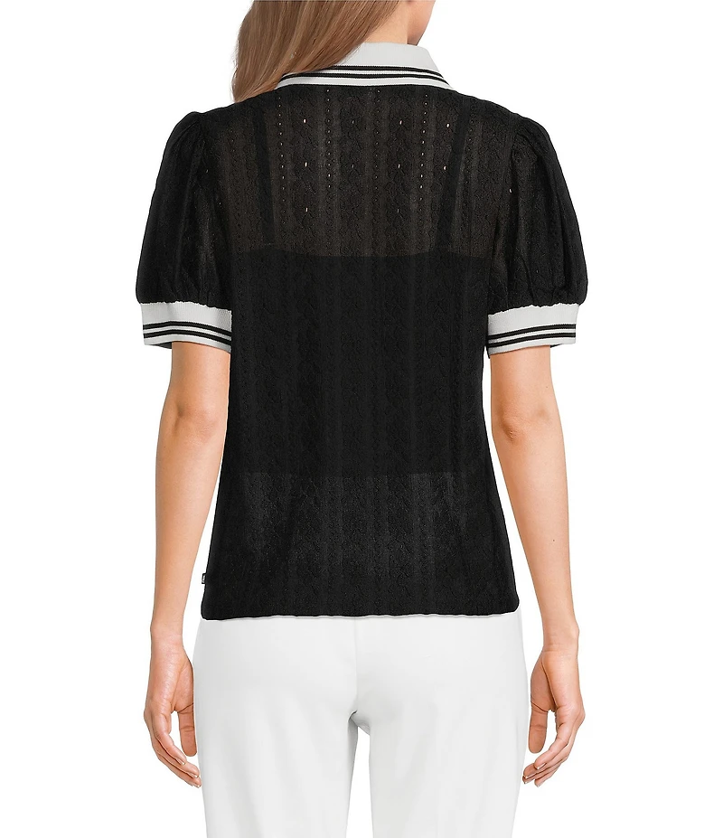KARL LAGERFELD PARIS Floral Eyelet Knit Polo Collar Short Sleeve Top