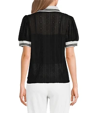KARL LAGERFELD PARIS Floral Eyelet Knit Polo Collar Short Sleeve Top