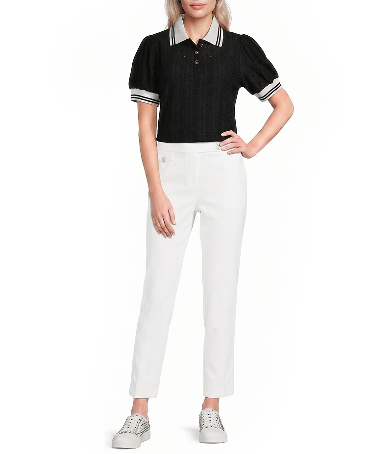 KARL LAGERFELD PARIS Floral Eyelet Knit Polo Collar Short Sleeve Top
