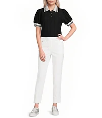 KARL LAGERFELD PARIS Floral Eyelet Knit Polo Collar Short Sleeve Top
