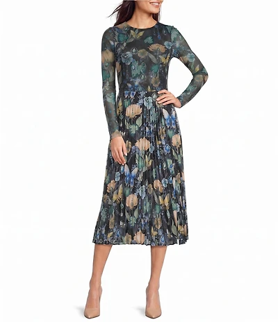 KARL LAGERFELD PARIS Floral Mesh Crew Neck Long Sleeve Midi Length A-Line Dress