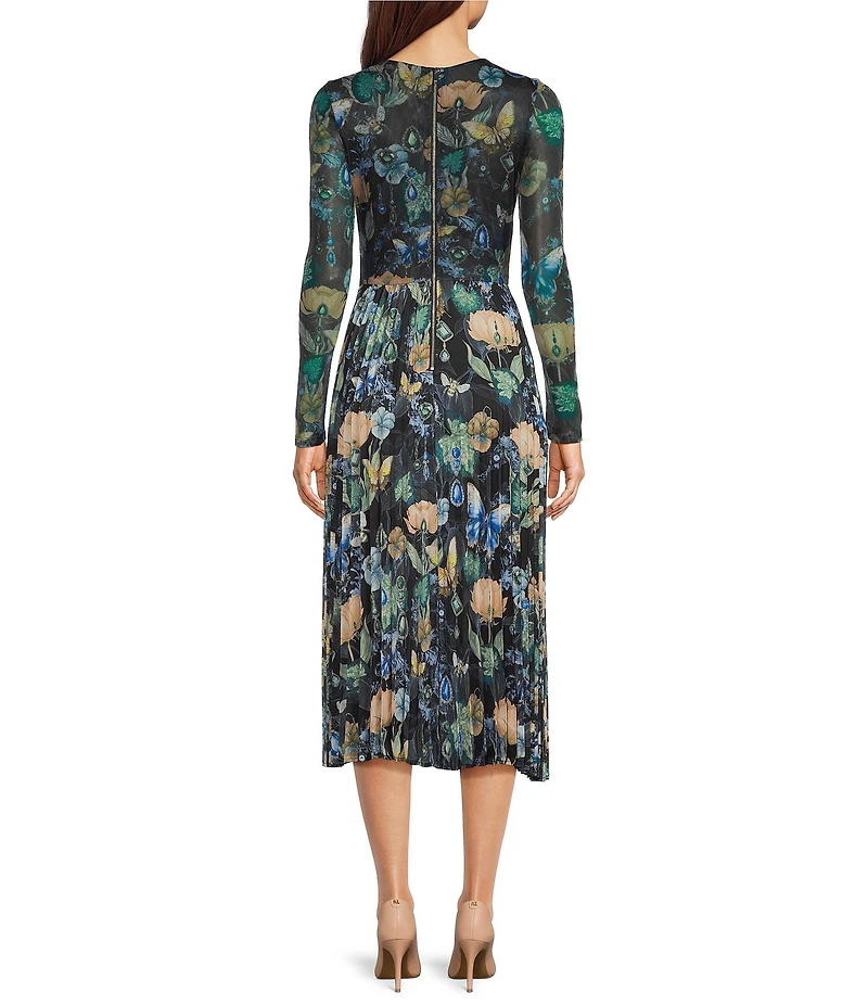 KARL LAGERFELD PARIS Floral Mesh Crew Neck Long Sleeve Midi Length A-Line Dress