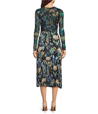 KARL LAGERFELD PARIS Floral Mesh Crew Neck Long Sleeve Midi Length A-Line Dress