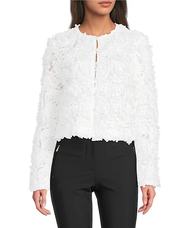 KARL LAGERFELD PARIS Floral Novelty Round Neck Long Sleeve Button Front Jacket
