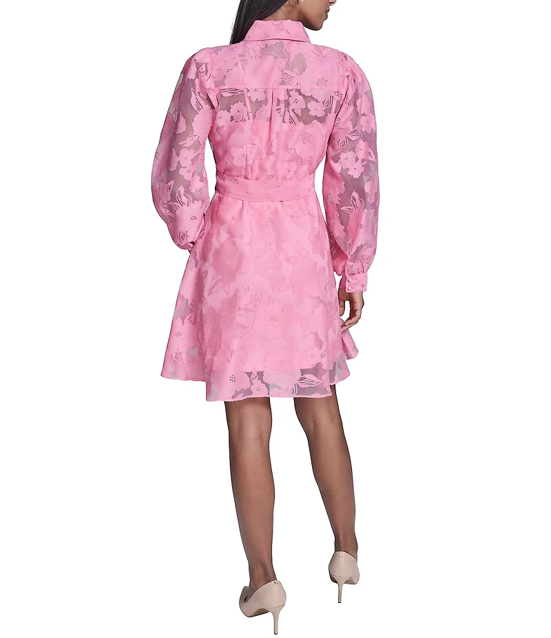 KARL LAGERFELD PARIS Floral Organza Collared Long Sleeve Belted Shirt Dress