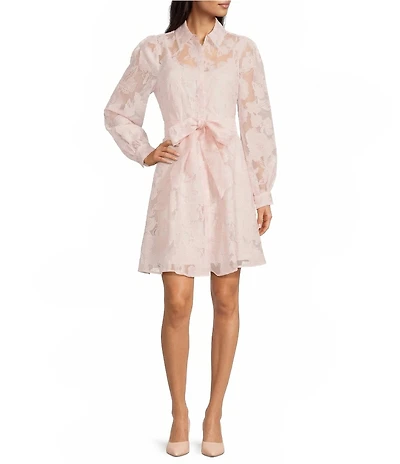 KARL LAGERFELD PARIS Floral Organza Collared Long Sleeve Belted Shirt Dress