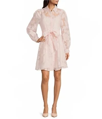 KARL LAGERFELD PARIS Floral Organza Collared Long Sleeve Belted Shirt Dress