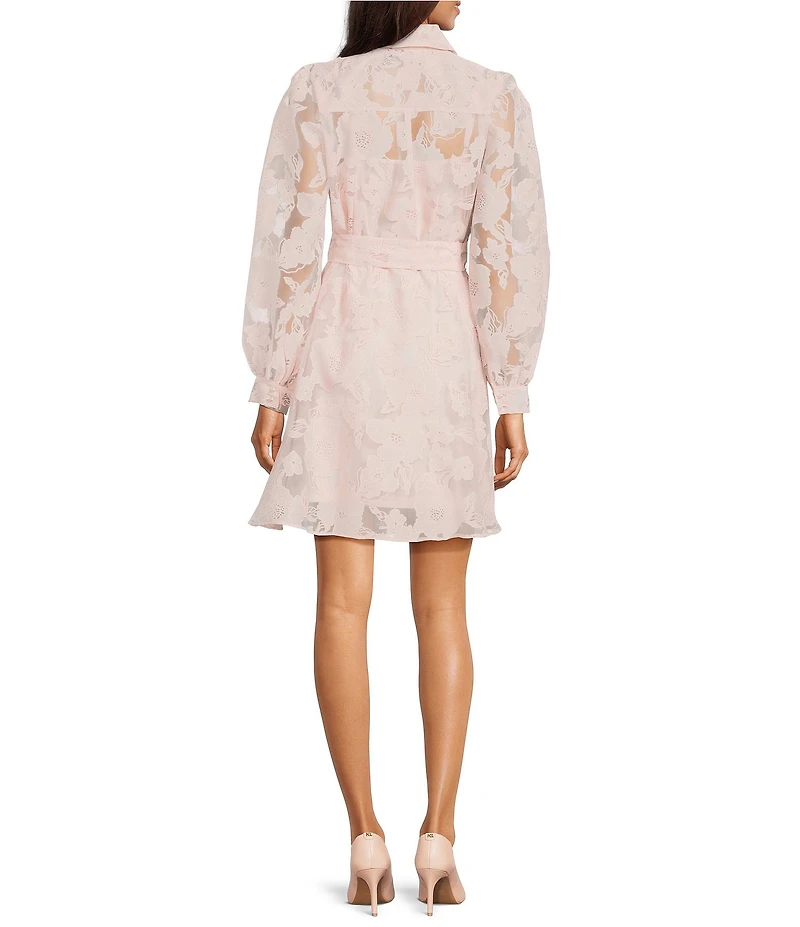 KARL LAGERFELD PARIS Floral Organza Collared Long Sleeve Belted Shirt Dress