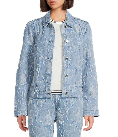 KARL LAGERFELD PARIS Floral Point Collar Long Sleeve Button-Front Jacquard Denim Jacket