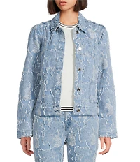 KARL LAGERFELD PARIS Floral Point Collar Long Sleeve Button-Front Jacquard Denim Jacket