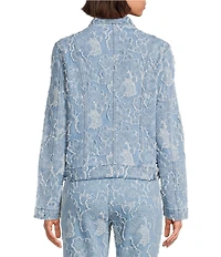 KARL LAGERFELD PARIS Floral Point Collar Long Sleeve Button-Front Jacquard Denim Jacket