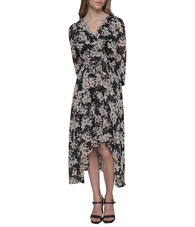 KARL LAGERFELD PARIS Floral Print Chiffon Surplice Neck 3/4 Sleeves Midi Dress