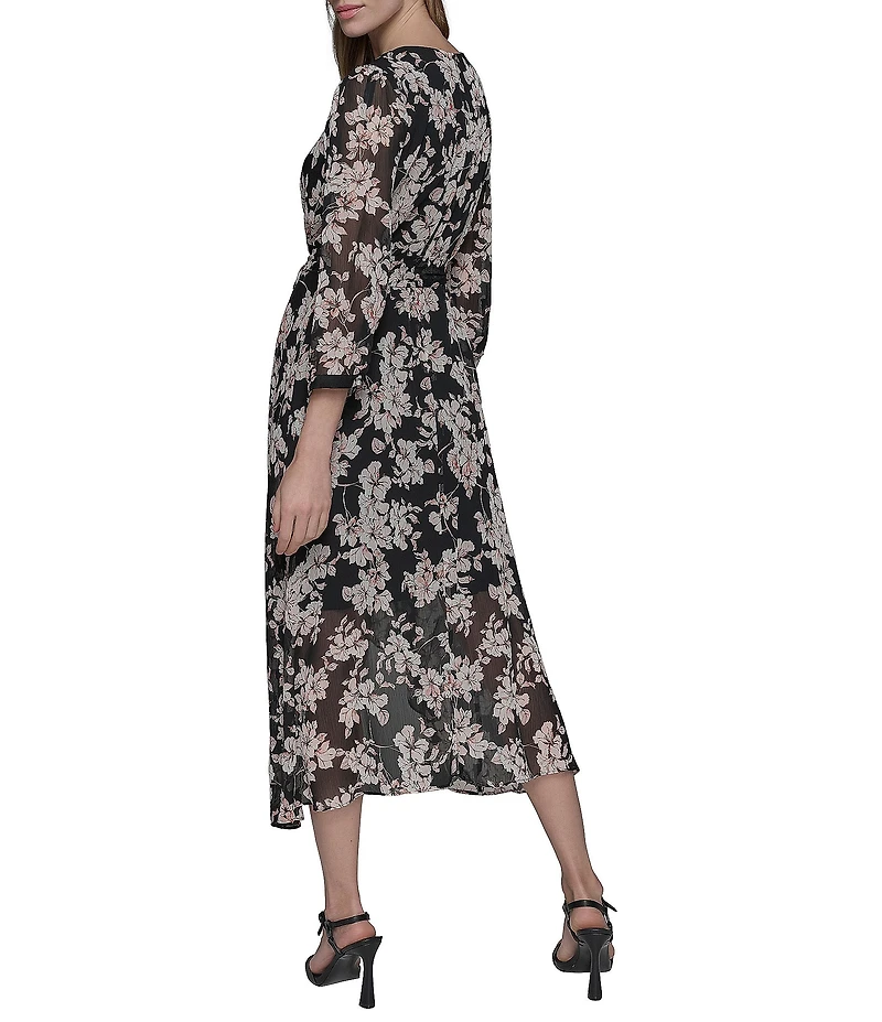 KARL LAGERFELD PARIS Floral Print Chiffon Surplice Neck 3/4 Sleeves Midi Dress