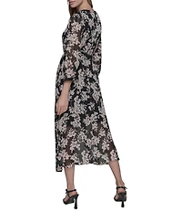 KARL LAGERFELD PARIS Floral Print Chiffon Surplice Neck 3/4 Sleeves Midi Dress