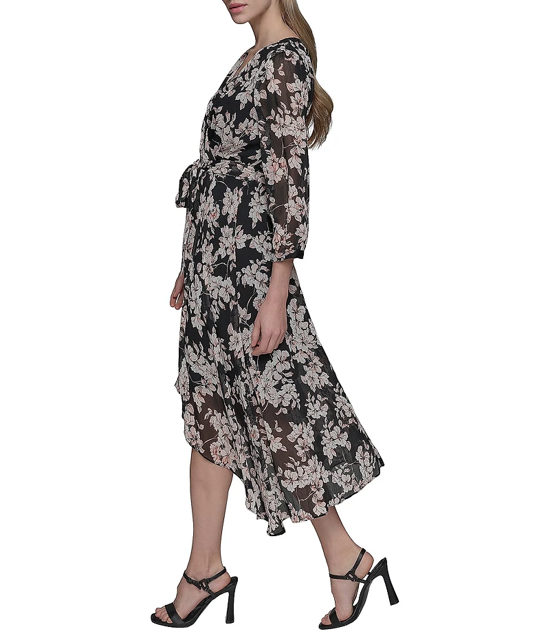 KARL LAGERFELD PARIS Floral Print Chiffon Surplice Neck 3/4 Sleeves Midi Dress