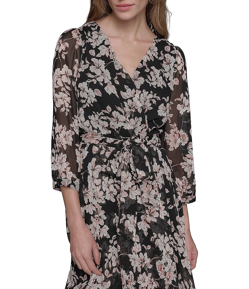 KARL LAGERFELD PARIS Floral Print Chiffon Surplice Neck 3/4 Sleeves Midi Dress