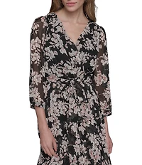 KARL LAGERFELD PARIS Floral Print Chiffon Surplice Neck 3/4 Sleeves Midi Dress