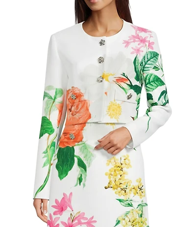 KARL LAGERFELD PARIS Floral Print Coordinating Tweed Crew Neck Flower Button Closure Cropped Jacket