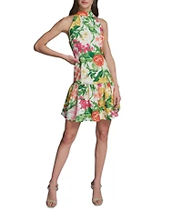 KARL LAGERFELD PARIS Floral Print Halter Flounce Mini Dress