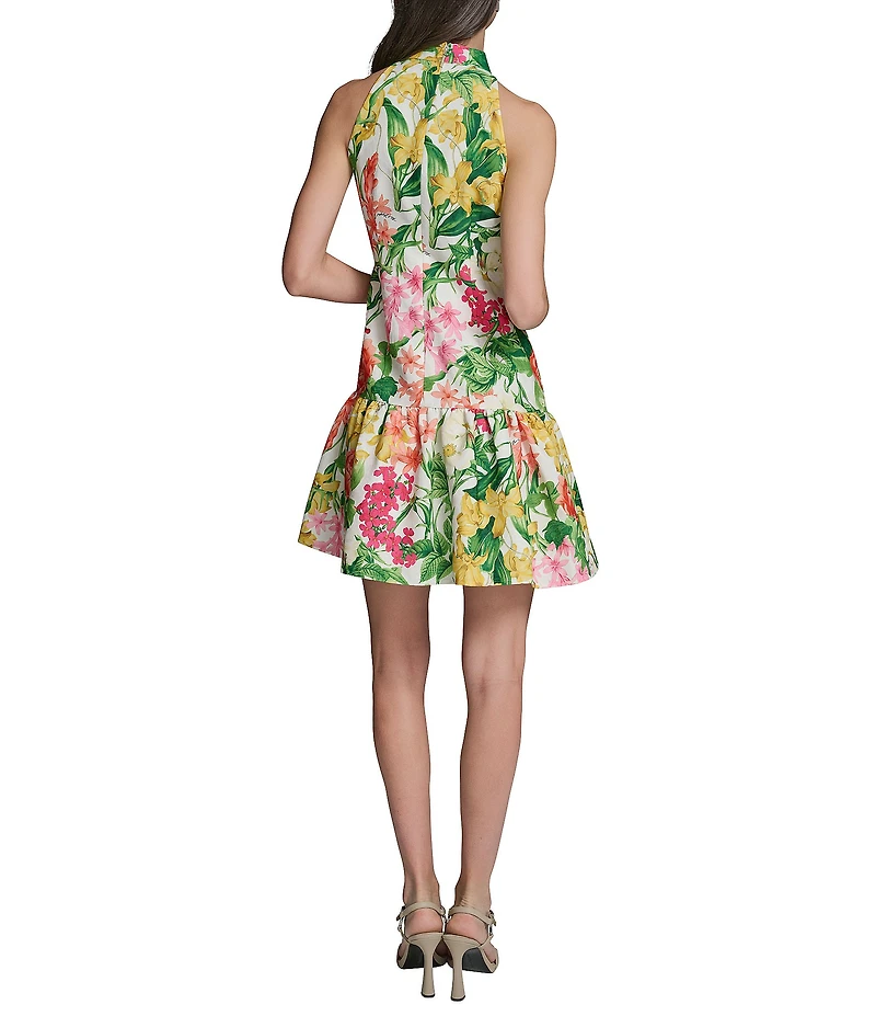 KARL LAGERFELD PARIS Floral Print Halter Flounce Mini Dress