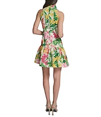 KARL LAGERFELD PARIS Floral Print Halter Flounce Mini Dress
