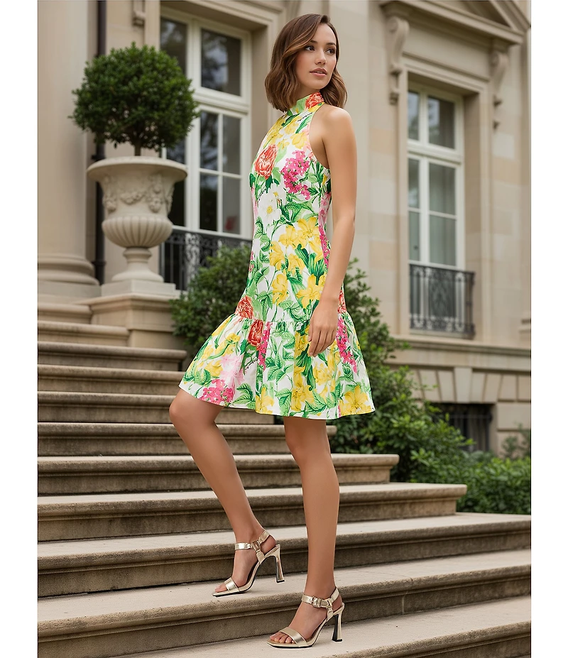 KARL LAGERFELD PARIS Floral Print Halter Flounce Mini Dress