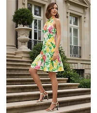 KARL LAGERFELD PARIS Floral Print Halter Flounce Mini Dress