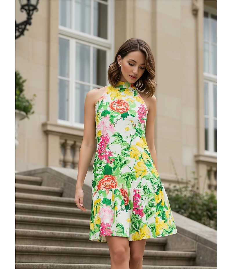 KARL LAGERFELD PARIS Floral Print Halter Flounce Mini Dress