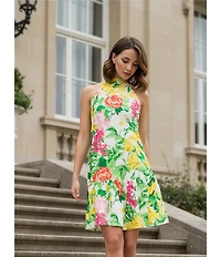 KARL LAGERFELD PARIS Floral Print Halter Flounce Mini Dress