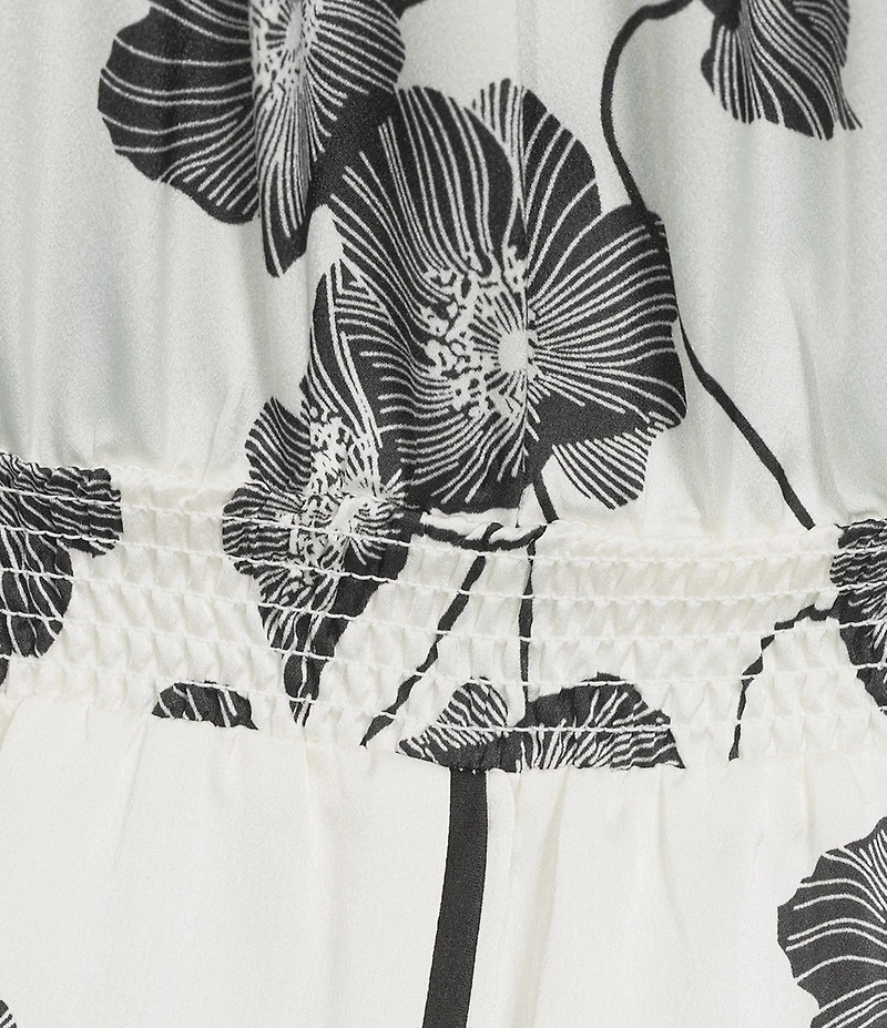 KARL LAGERFELD PARIS Floral Print Satin Crepe Round Neck Flutter Sleeve Midi A-Line Dress