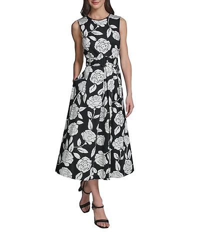 KARL LAGERFELD PARIS Floral Print Self Tie Sleeveless Cotton Satin Midi Dress
