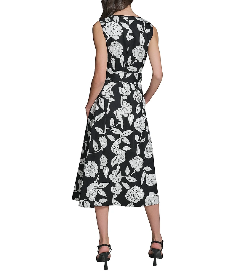 KARL LAGERFELD PARIS Floral Print Self Tie Sleeveless Cotton Satin Midi Dress