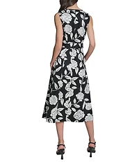 KARL LAGERFELD PARIS Floral Print Self Tie Sleeveless Cotton Satin Midi Dress