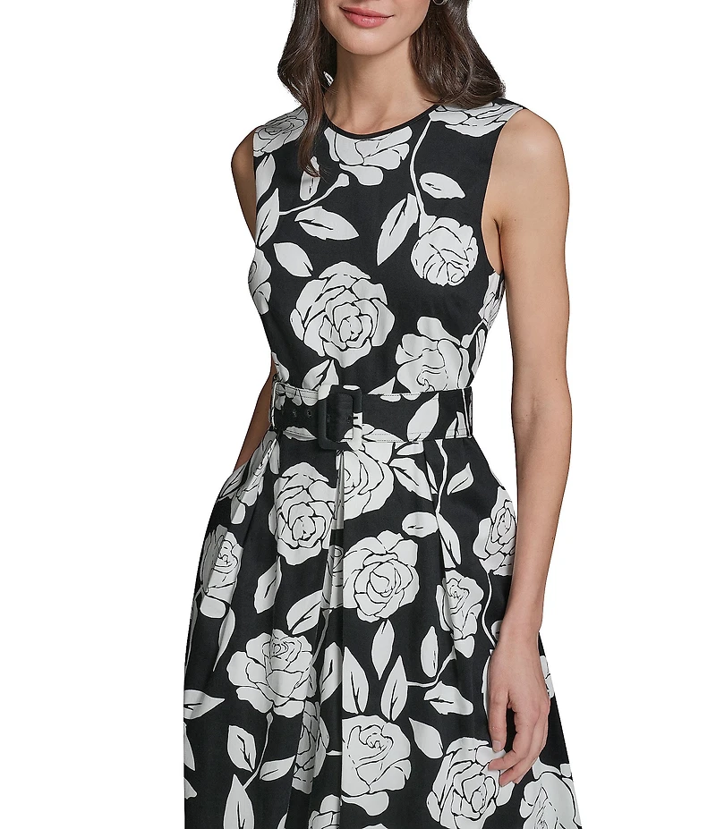 KARL LAGERFELD PARIS Floral Print Self Tie Sleeveless Cotton Satin Midi Dress
