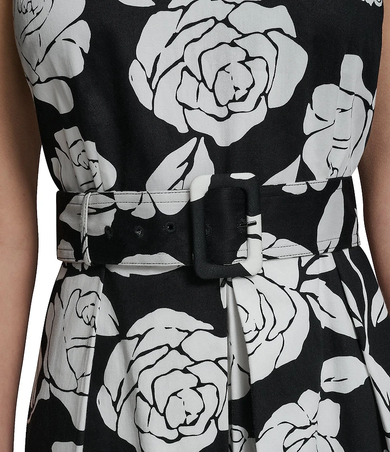 KARL LAGERFELD PARIS Floral Print Self Tie Sleeveless Cotton Satin Midi Dress