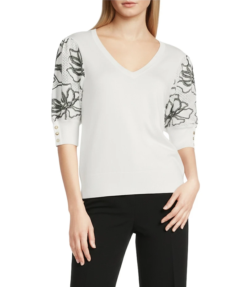 KARL LAGERFELD PARIS Floral Print V-Neck Short Sleeve Top