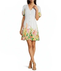 KARL LAGERFELD PARIS Floral Printed Linen Fit & Flare Short Puff Sleeve Dress