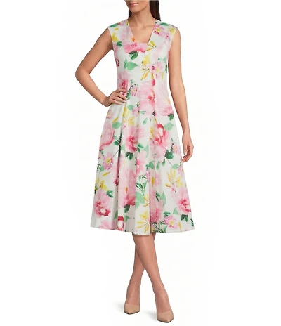 KARL LAGERFELD PARIS Floral Sateen V-Neck Sleeveless Dress