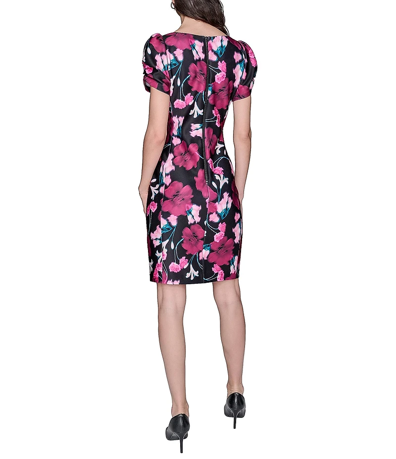 KARL LAGERFELD PARIS Floral Scuba Crew Neck Side Ruched Sheath Dress