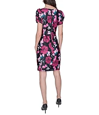 KARL LAGERFELD PARIS Floral Scuba Crew Neck Side Ruched Sheath Dress