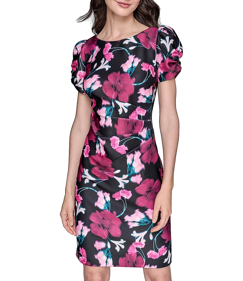 KARL LAGERFELD PARIS Floral Scuba Crew Neck Side Ruched Sheath Dress