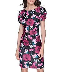 KARL LAGERFELD PARIS Floral Scuba Crew Neck Side Ruched Sheath Dress