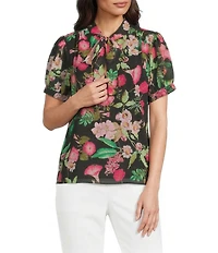 KARL LAGERFELD PARIS Floral Tie Neck Short Sleeve Chiffon Blouse