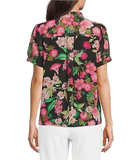 KARL LAGERFELD PARIS Floral Tie Neck Short Sleeve Chiffon Blouse