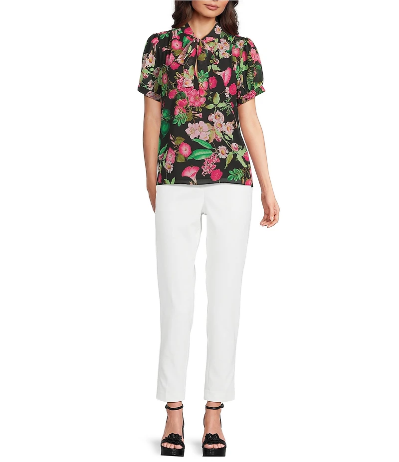 KARL LAGERFELD PARIS Floral Tie Neck Short Sleeve Chiffon Blouse