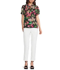 KARL LAGERFELD PARIS Floral Tie Neck Short Sleeve Chiffon Blouse