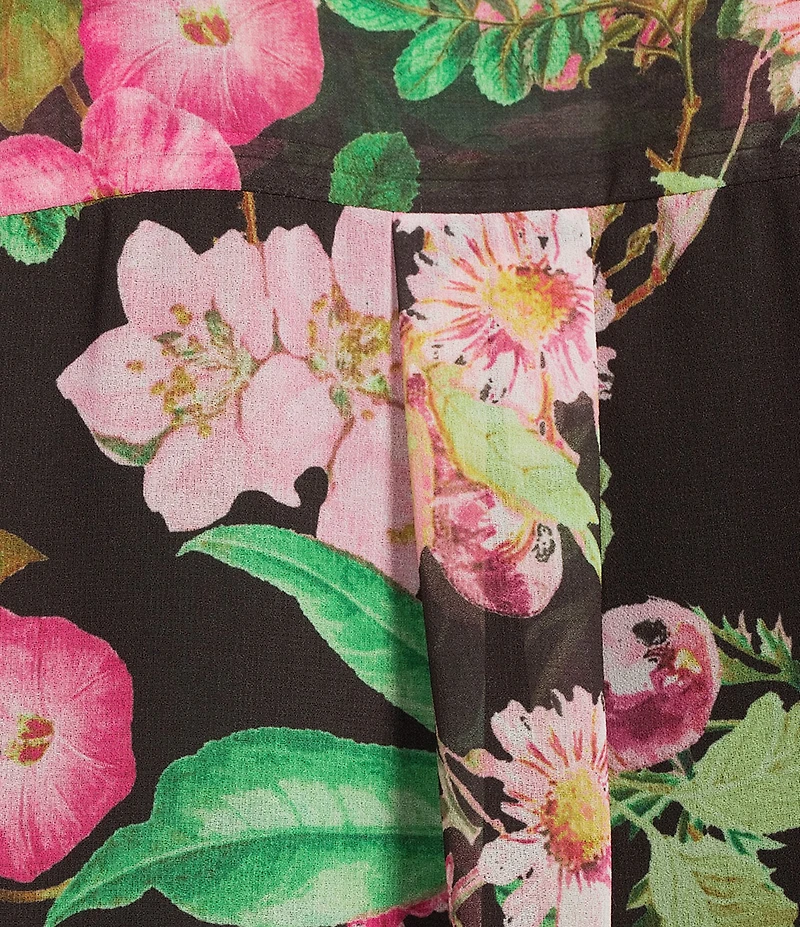 KARL LAGERFELD PARIS Floral Tie Neck Short Sleeve Chiffon Blouse