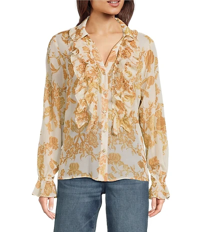 KARL LAGERFELD PARIS Foil Print Chiffon Woven Spread Collar Long Sleeve Blouse