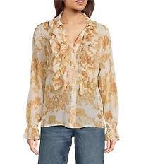 KARL LAGERFELD PARIS Foil Print Chiffon Woven Spread Collar Long Sleeve Blouse