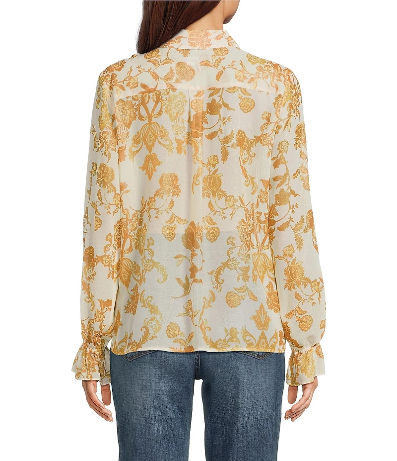 KARL LAGERFELD PARIS Foil Print Chiffon Woven Spread Collar Long Sleeve Blouse